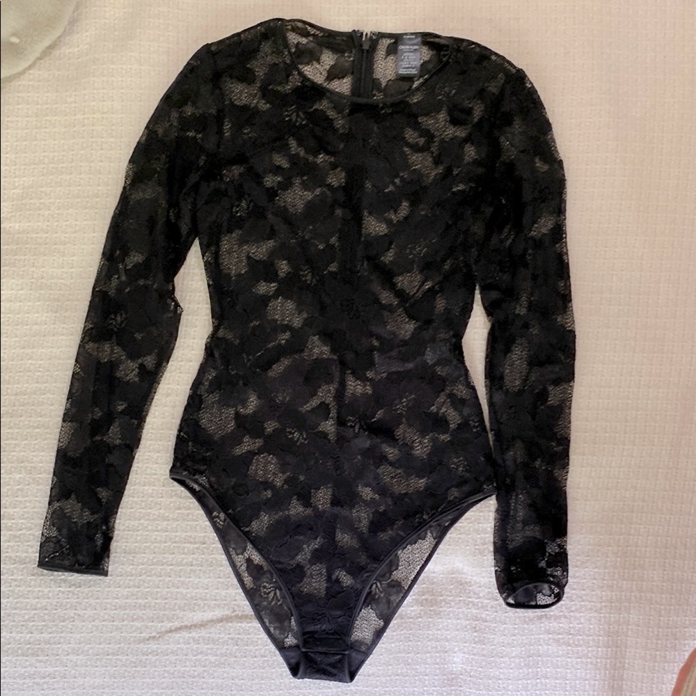 Calvin Klein Black Lace Long Sleeve Bodysuit New without tags